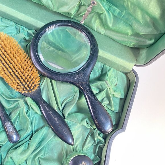 Antique Victorian Era Vanity Ebony and Silver Dresser In Leather Box - Picture 14 of 16